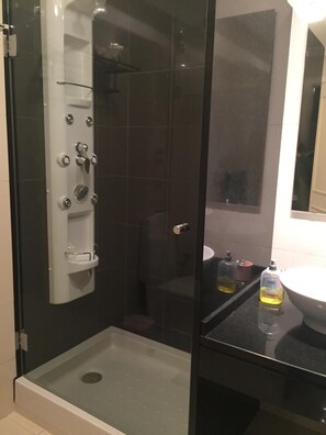 Dusche, Haartrockner, Handtücher, Seife