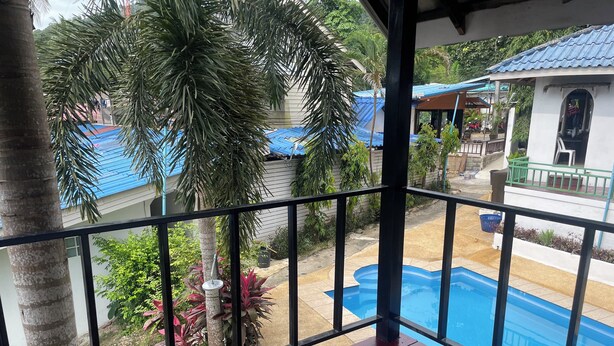 Un balcón con vista a una piscina, rodeado de plantas tropicales y un edificio con techo azul.