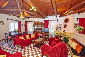 LED TV, fireplace, DVD player
