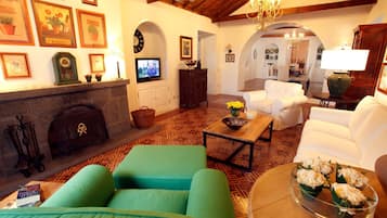 Télévision, cheminée, livres