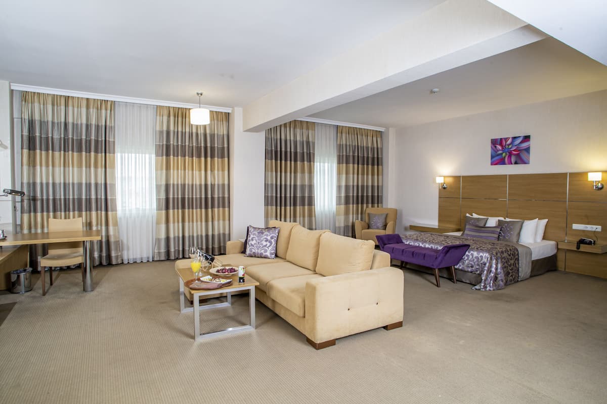 A hotel room with a sofa, a bed, a dining table, and curtains.