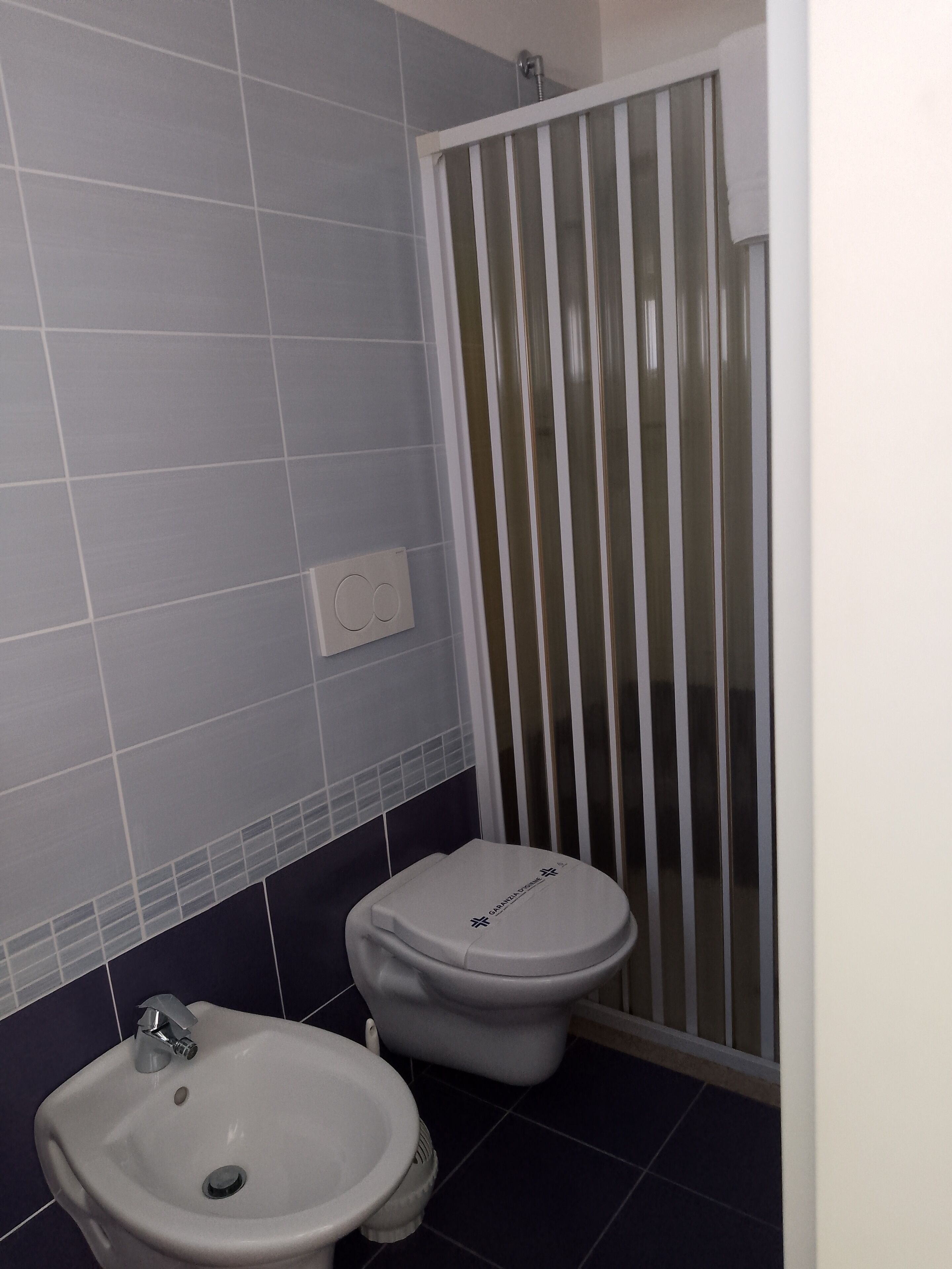 Een badkamer met een toilet, douchecabine en een bidet.