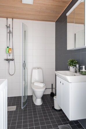 Shower, bidet, towels, soap