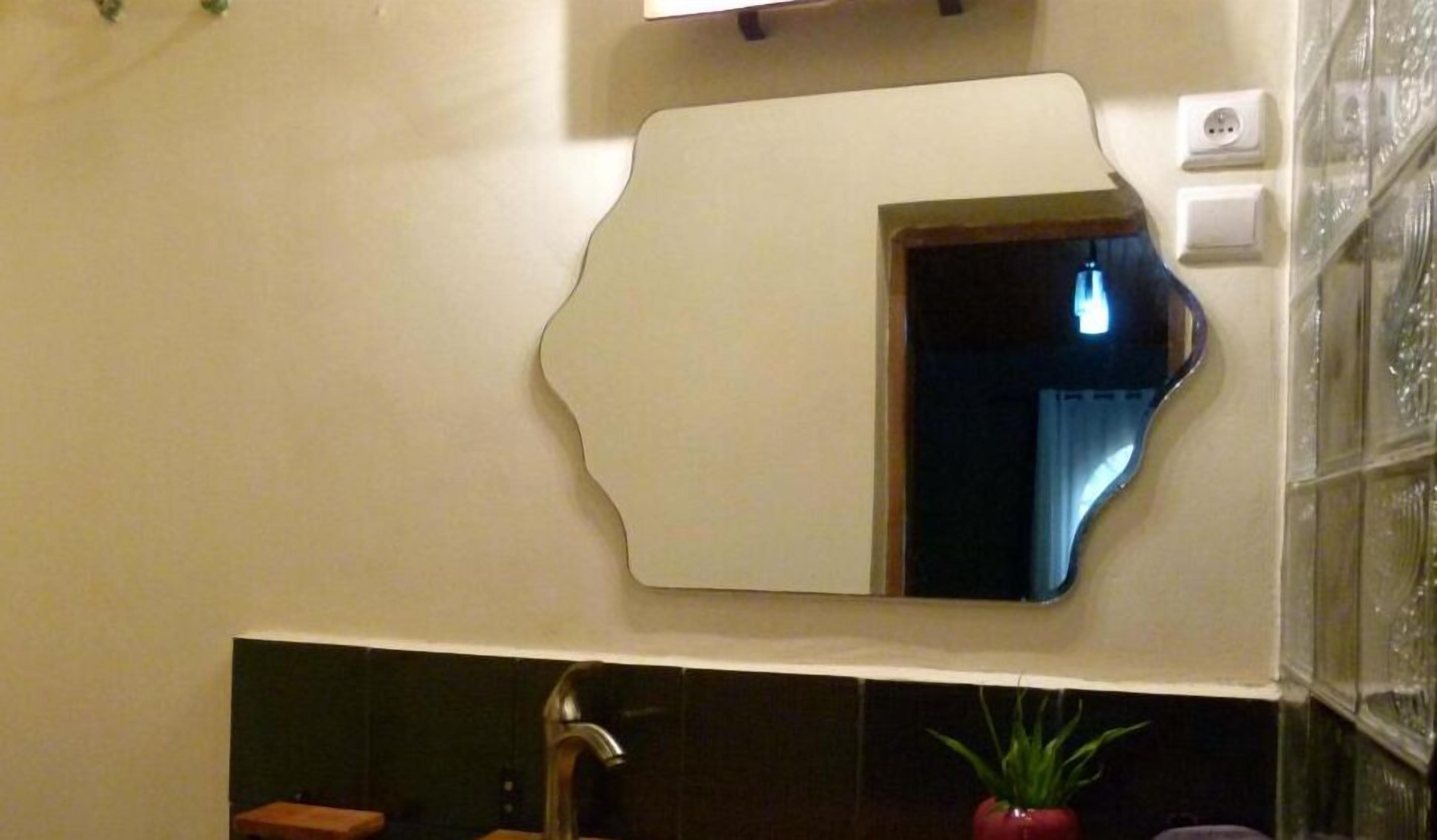 A bathroom with a large mirror, a sink, a faucet, and a potted plant.