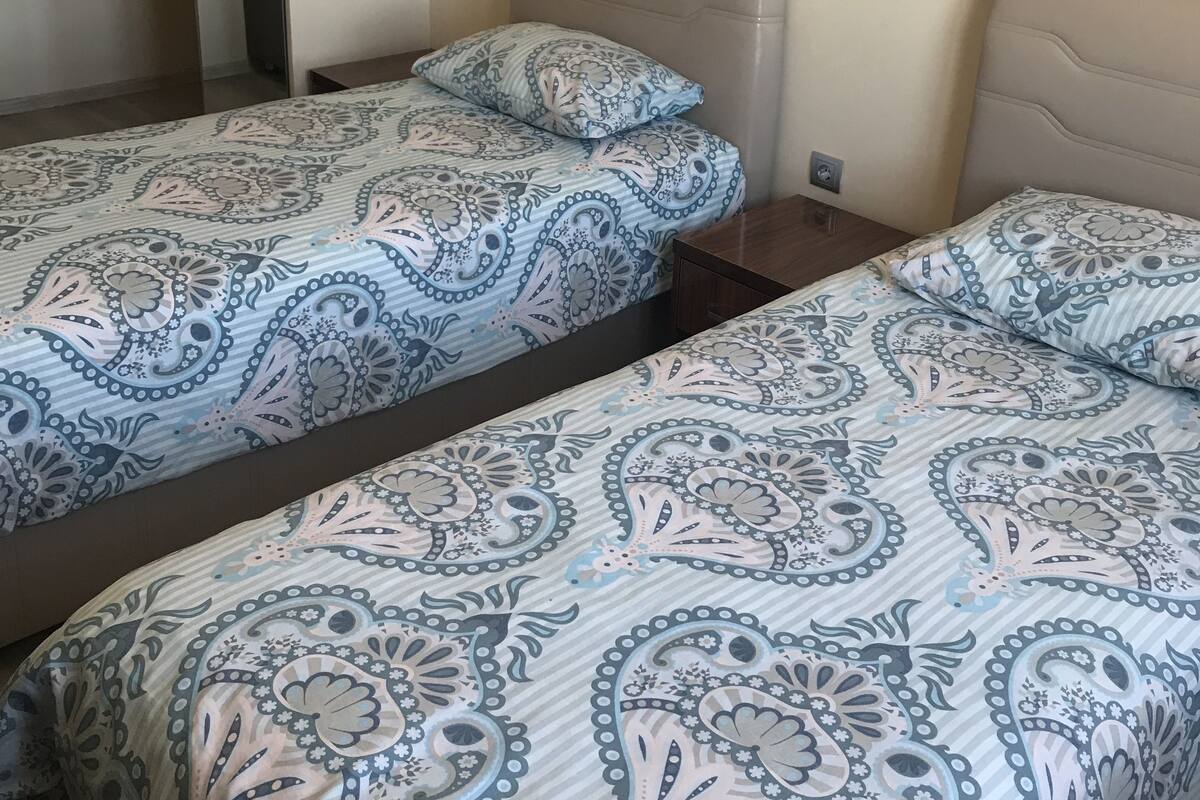 A bedroom with two single beds, each with a patterned bedspread and matching pillows.