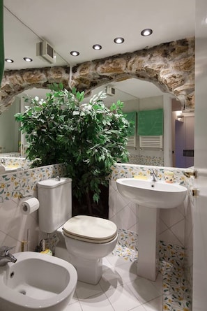 A bathroom with a stone arch, a sink, a toilet, and a bidet. - Lerici, pedestrian zone, 80mt sea, 500mt beach, roof terrace, wifi, SatTV (Lerici)