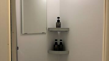 A small, well-lit bathroom with a shower, a mirror, and two bottles of shampoo on a shelf.