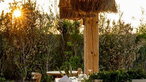 Un espace repas avec une longue table en bois, dressée pour accueillir plusieurs convives, entourée de chaises en osier, et un luminaire suspendu au-dessus.