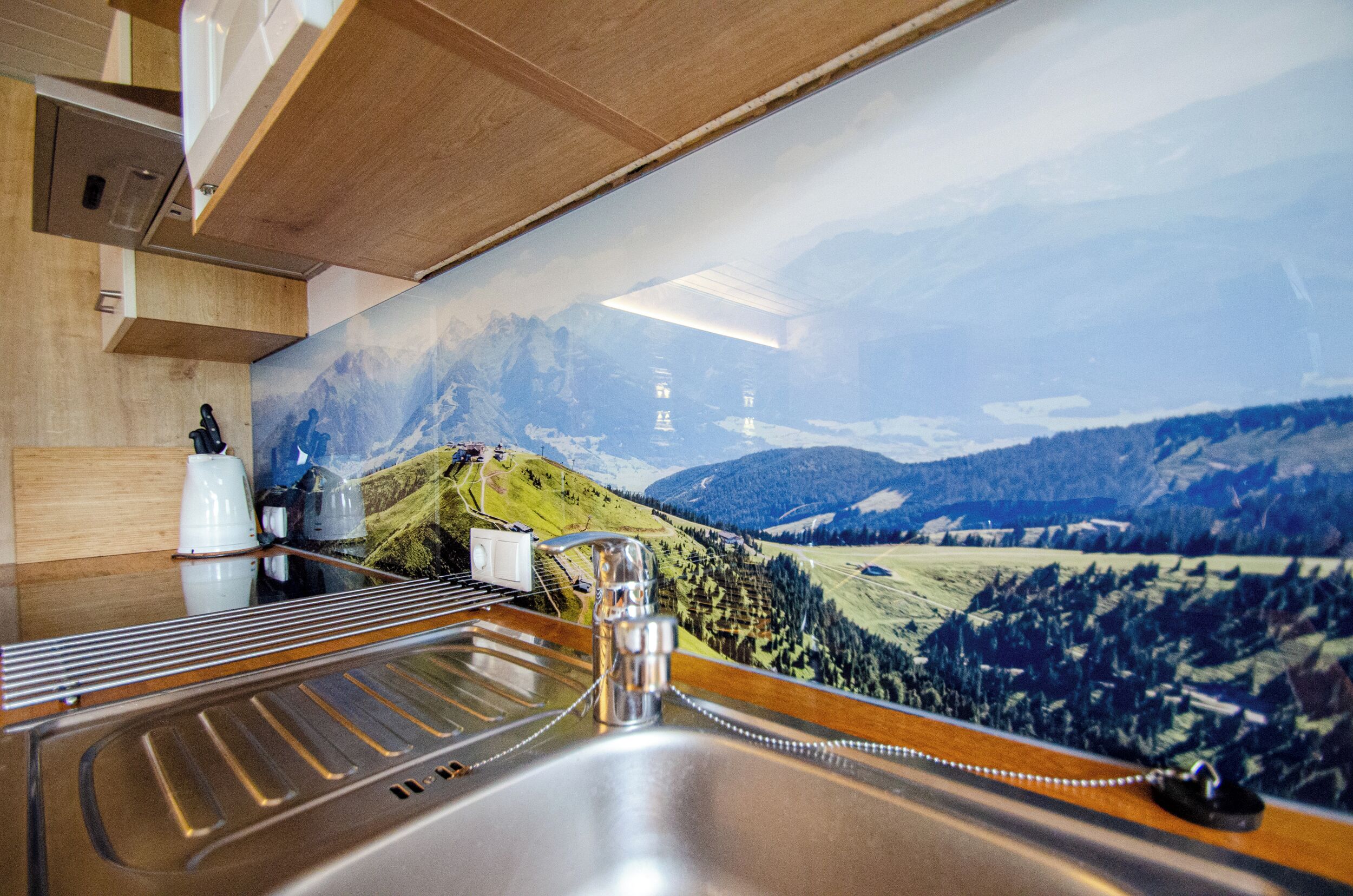 Une cuisine dotée d’un évier en acier inoxydable, de meubles en bois et d’une fresque murale représentant un paysage de montagne.