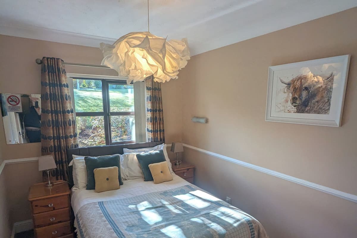 A bedroom with a bed, a nightstand, a lamp, a window with curtains, a ceiling light, and a wall-mounted painting.