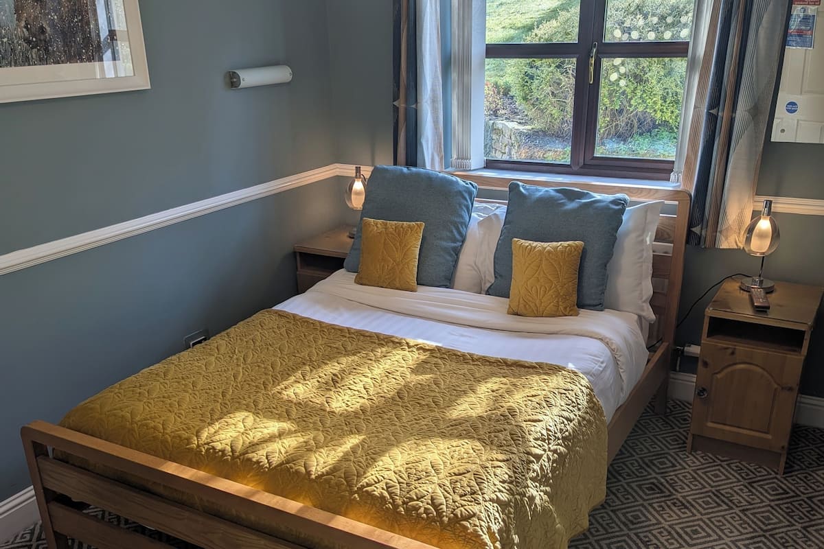 A bedroom with a bed, a nightstand, a lamp, a window with curtains, and a patterned carpet.