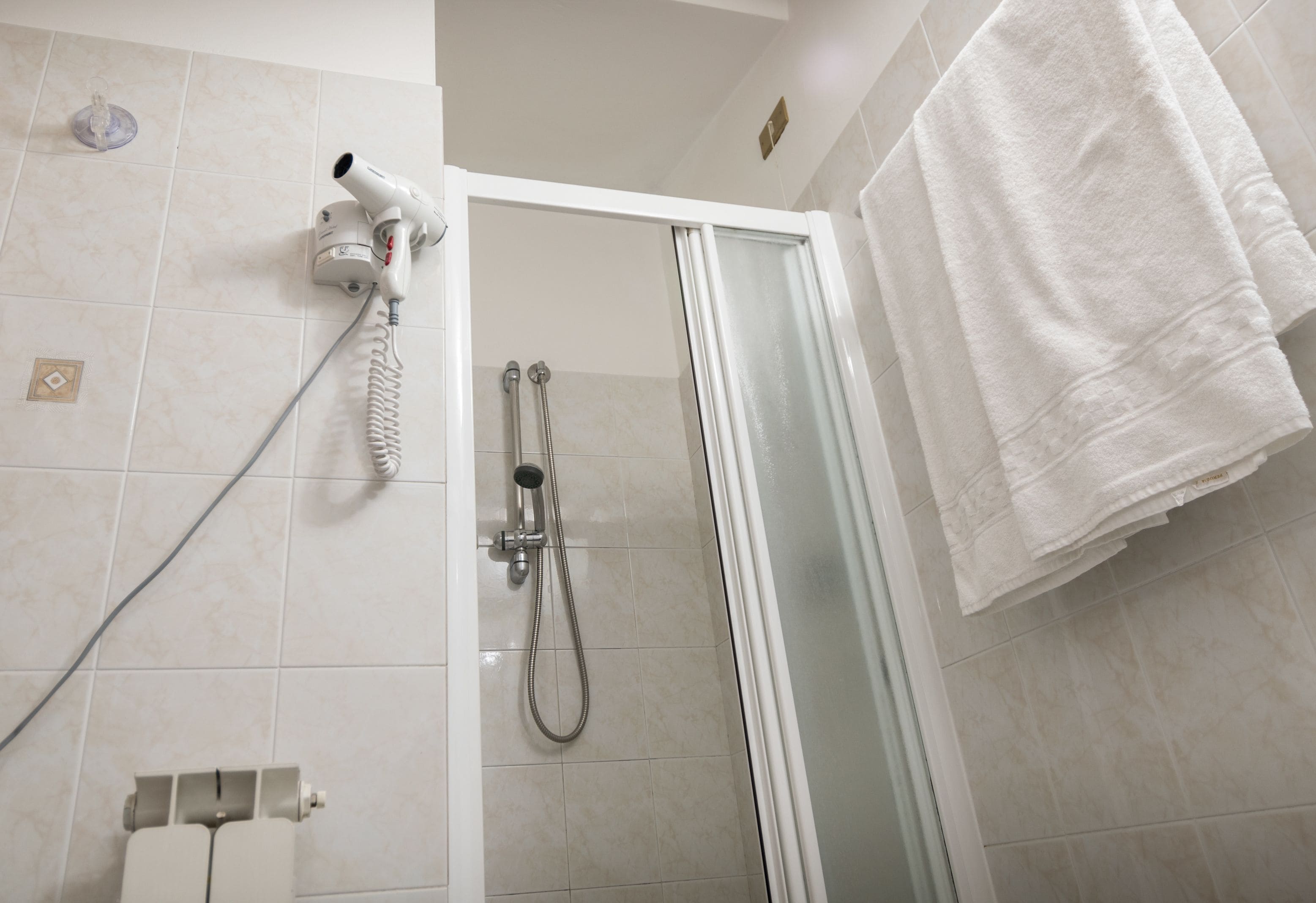 Une salle de bain avec douche, sèche-cheveux et porte-serviettes.