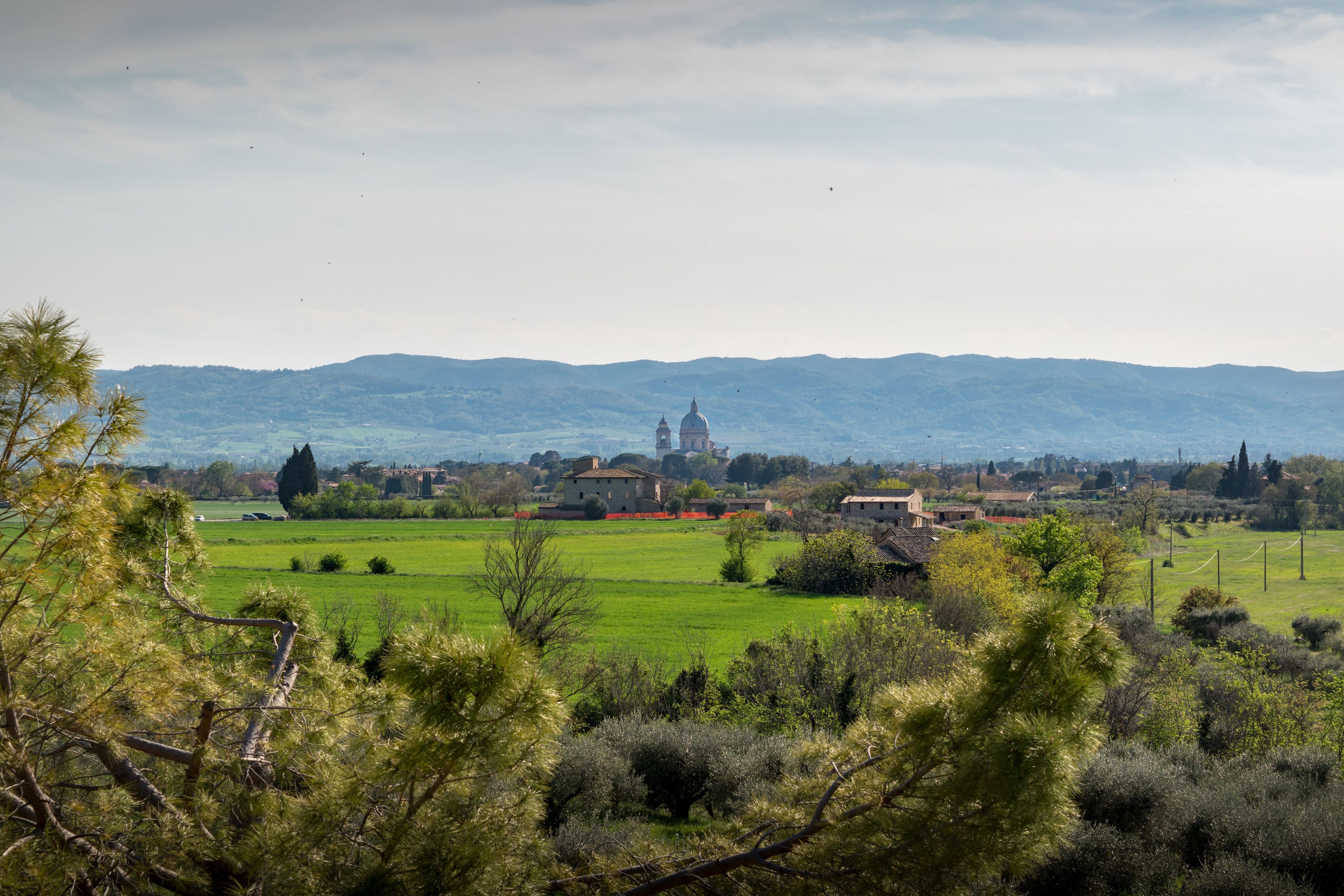 Paisaje rural con una iglesia destacada y campos circundantes.