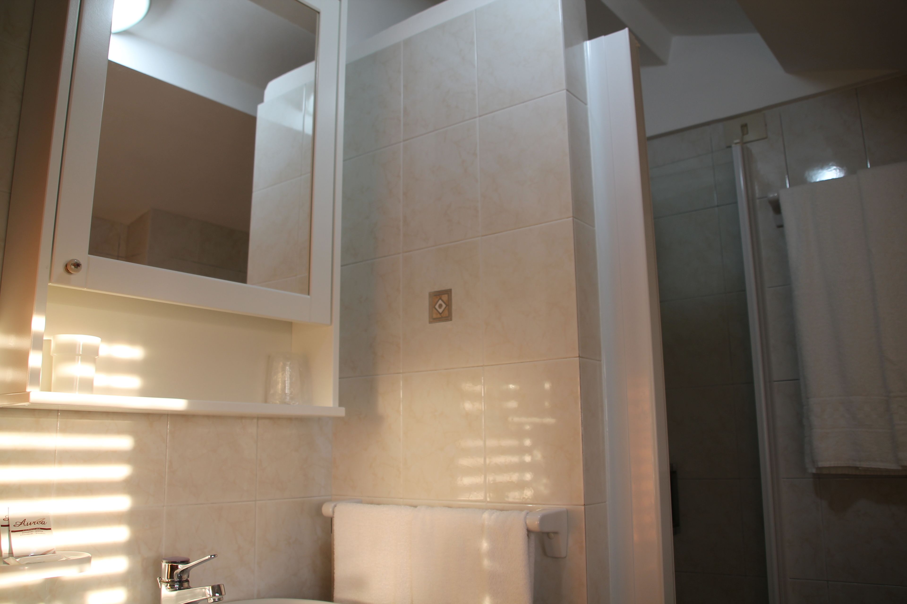 A bathroom with a toilet, sink, mirror, and shower.