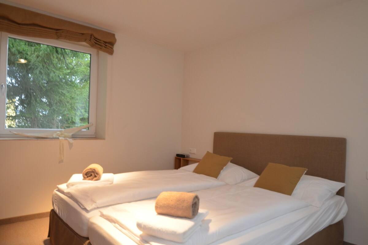Una cama doble con sábanas blancas y dos almohadas marrones, una ventana con vistas a árboles y una mesita de noche con una lámpara.