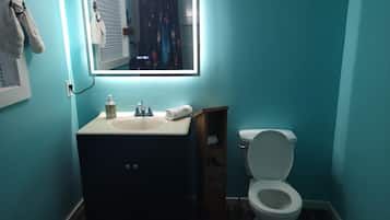 Combined shower/tub, eco-friendly toiletries, hair dryer, towels