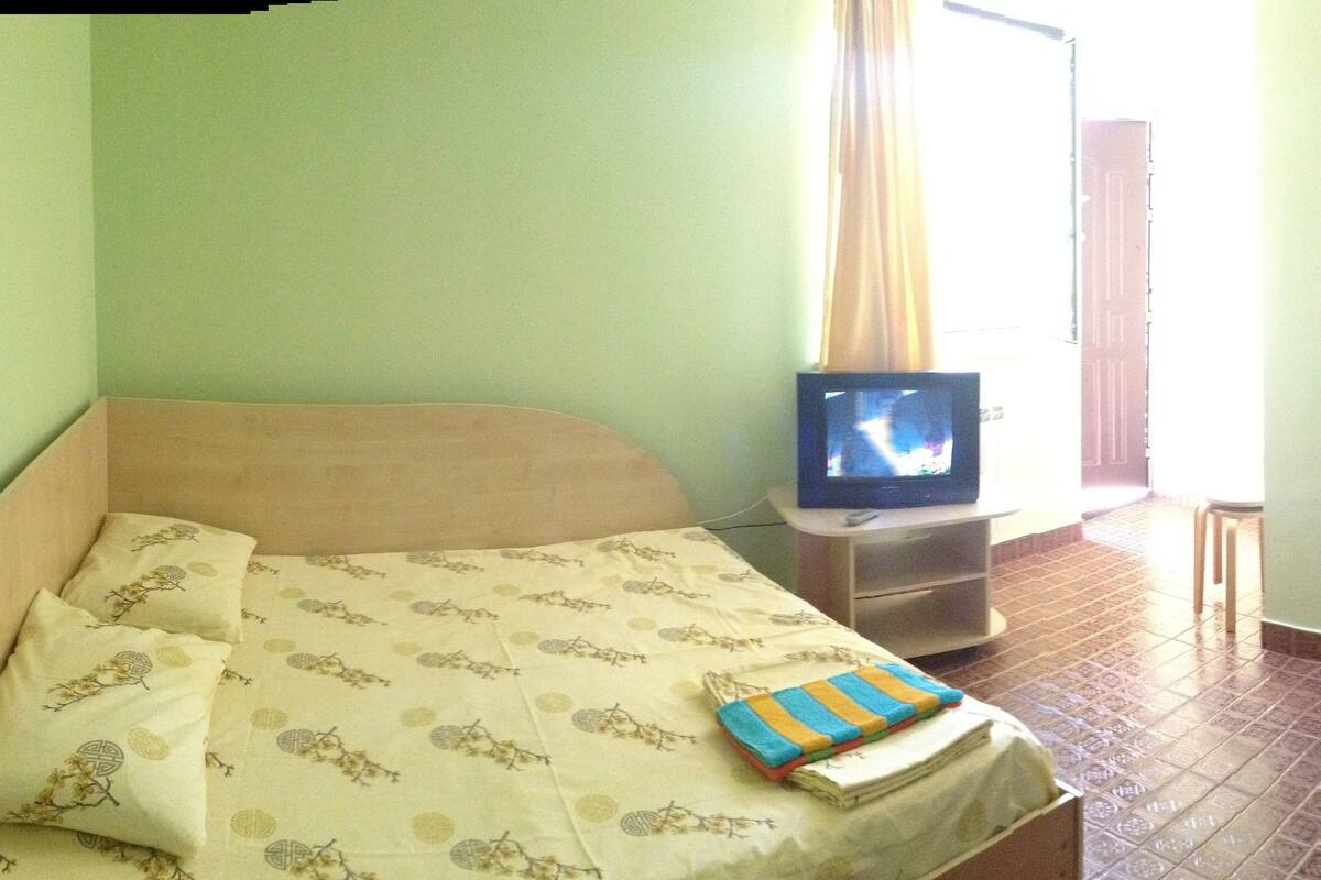 A room with a bed, a television on a stand, a door, and a window with curtains.