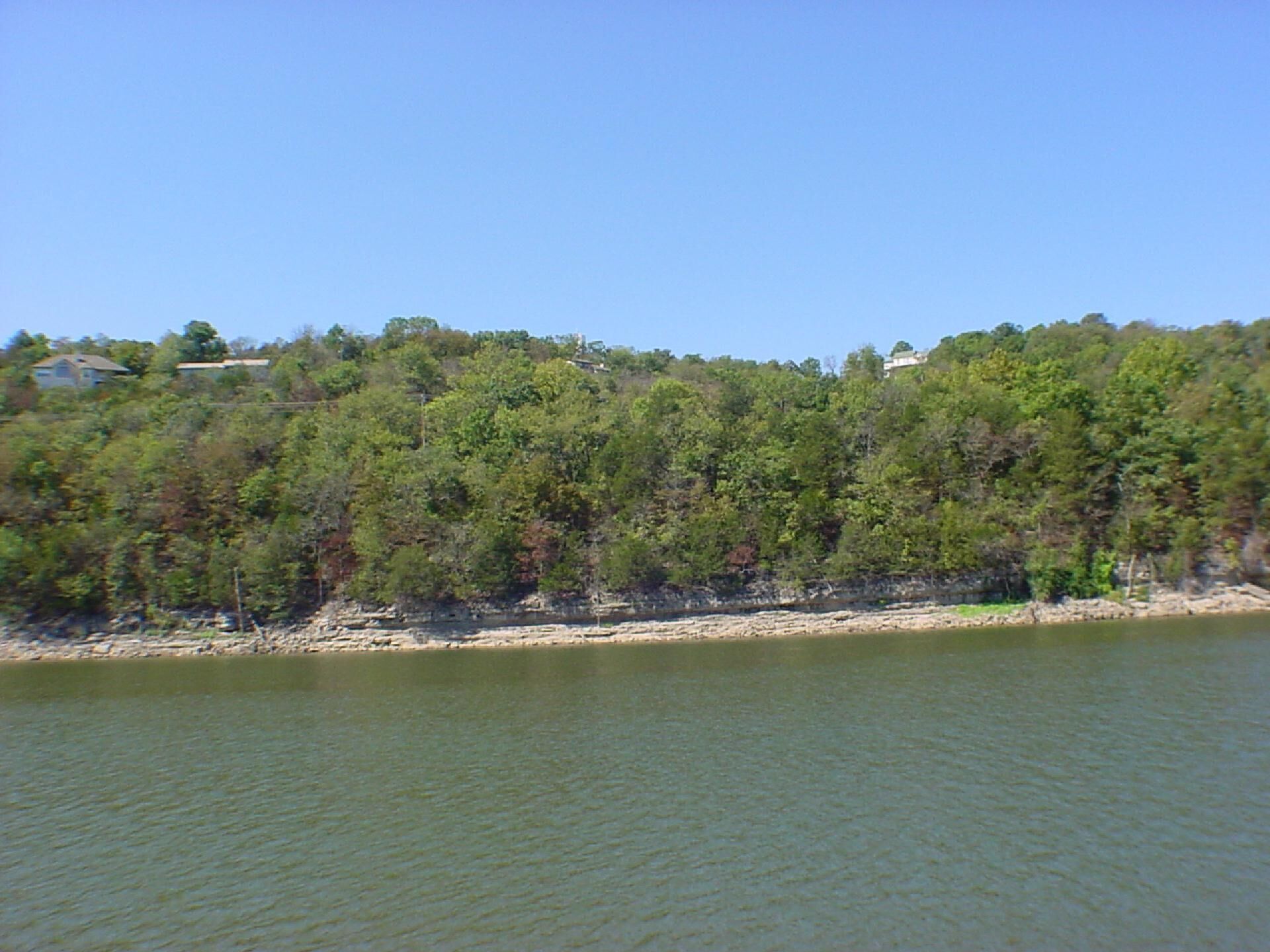 A lakeside view with a forested hillside and a few buildings in the background.