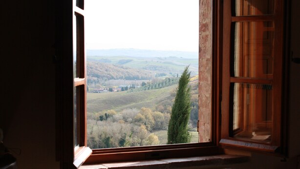 A window with a view of a hilly landscape, a wooden door, and a brick wall.