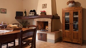 A dining area with a wooden table, chairs, a fireplace, and a cabinet with glass doors.