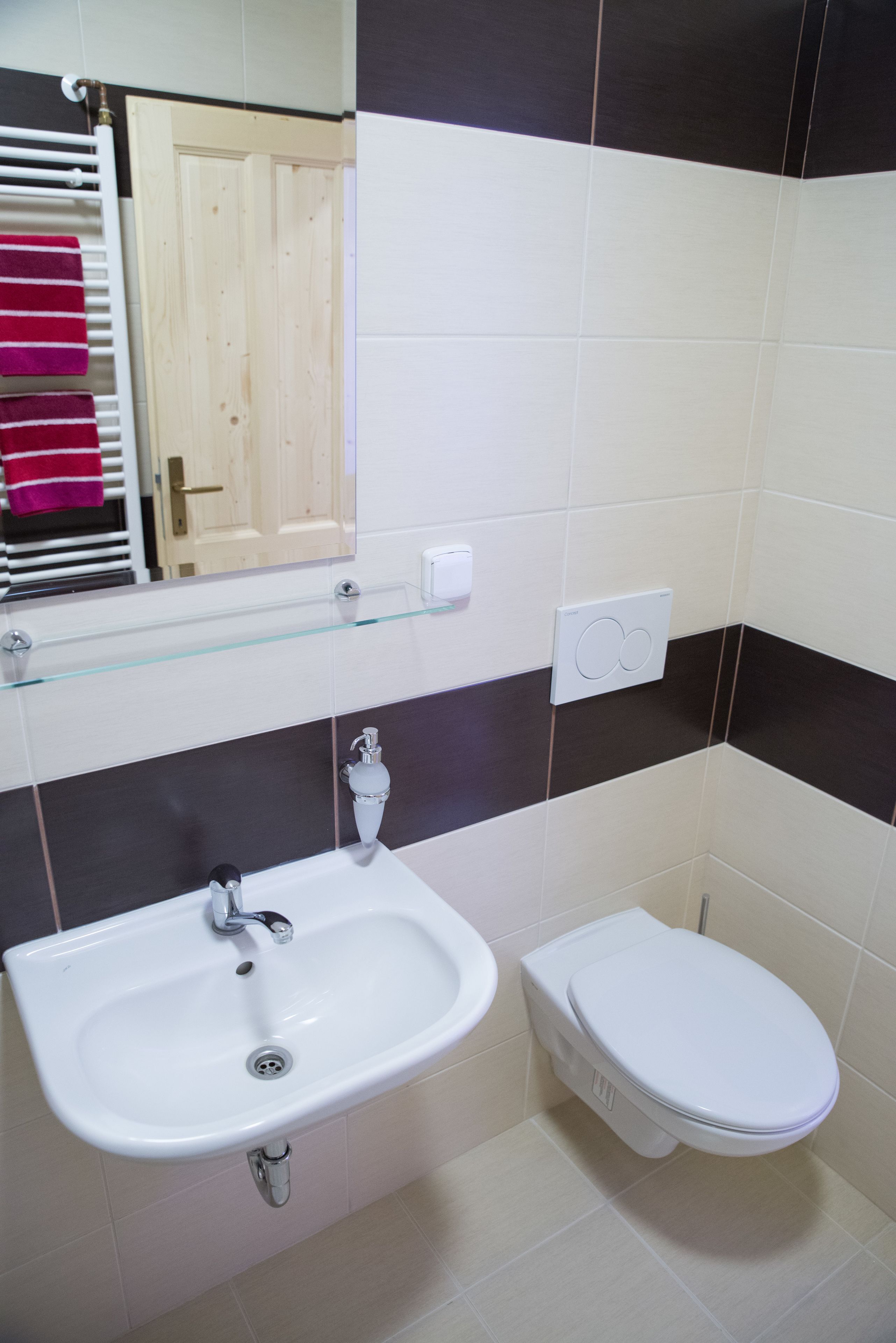 A bathroom with a white sink, a toilet, and a glass shelf above the sink.