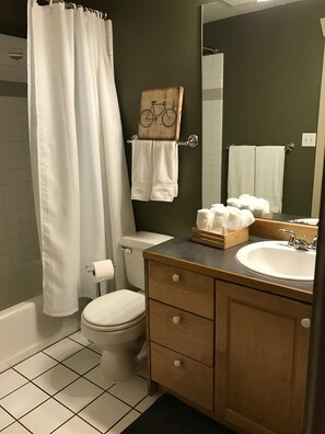 Secador de pelo, toallas, jabón y champú