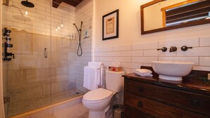 A bathroom with a glass-enclosed shower, a toilet, a sink, and a wooden cabinet.
