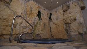 A spa area with a stone wall, a metal bench, and a small pool. - City Resort Palmore (Eilat)
