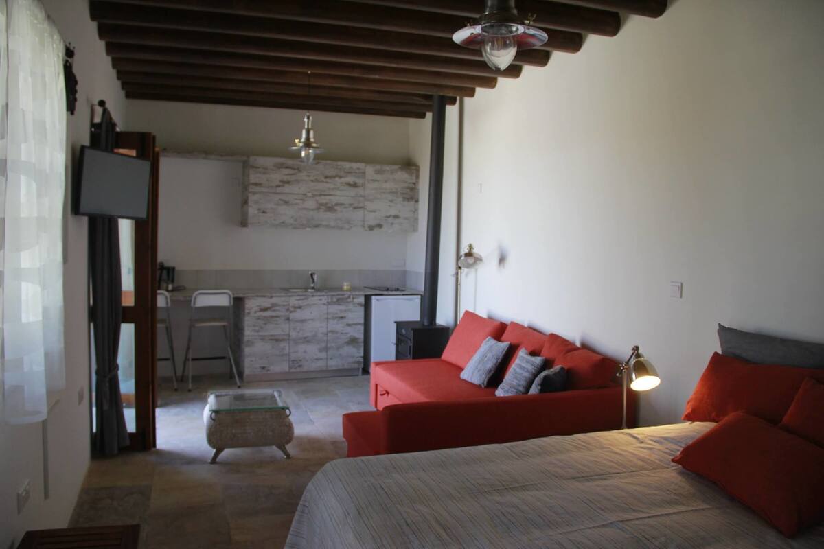 Quarto compacto com uma cama, um sofá vermelho, uma pequena mesa e uma cozinha compacta ao fundo.