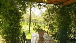 A covered patio with a wooden table and metal chairs, surrounded by greenery and a view of a garden. - Private Villa with AC, private pool, WIFI, TV, terrace, pets allowed, parking, close to Arezzo (Castiglion Fiorentino)