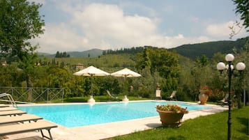 En säsongsöppen utomhuspool, parasoller och solstolar