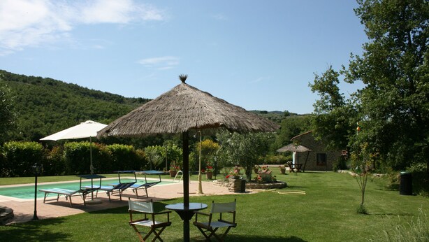 Un espace aménagé au bord de la piscine, avec des chaises longues, une table et un parasol en chaume.