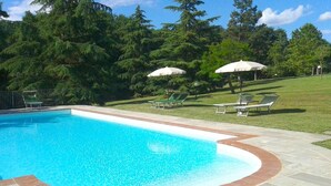 A swimming pool with a stone deck, surrounded by grass and trees. - Stunning private villa for 6 guests with private pool, TV, pets allowed and parking (Castiglion Fiorentino)