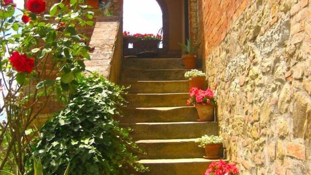 A stone staircase leading to an arched doorway, surrounded by potted plants and red flowers. - Stunning private villa for 6 guests with private pool, TV, pets allowed and parking (Castiglion Fiorentino)
