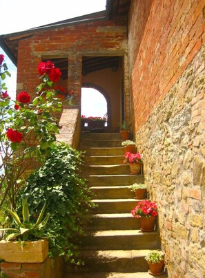A stone staircase leading to an arched doorway, surrounded by potted plants and red flowers. - Stunning private villa for 6 guests with private pool, TV, pets allowed and parking (Castiglion Fiorentino)
