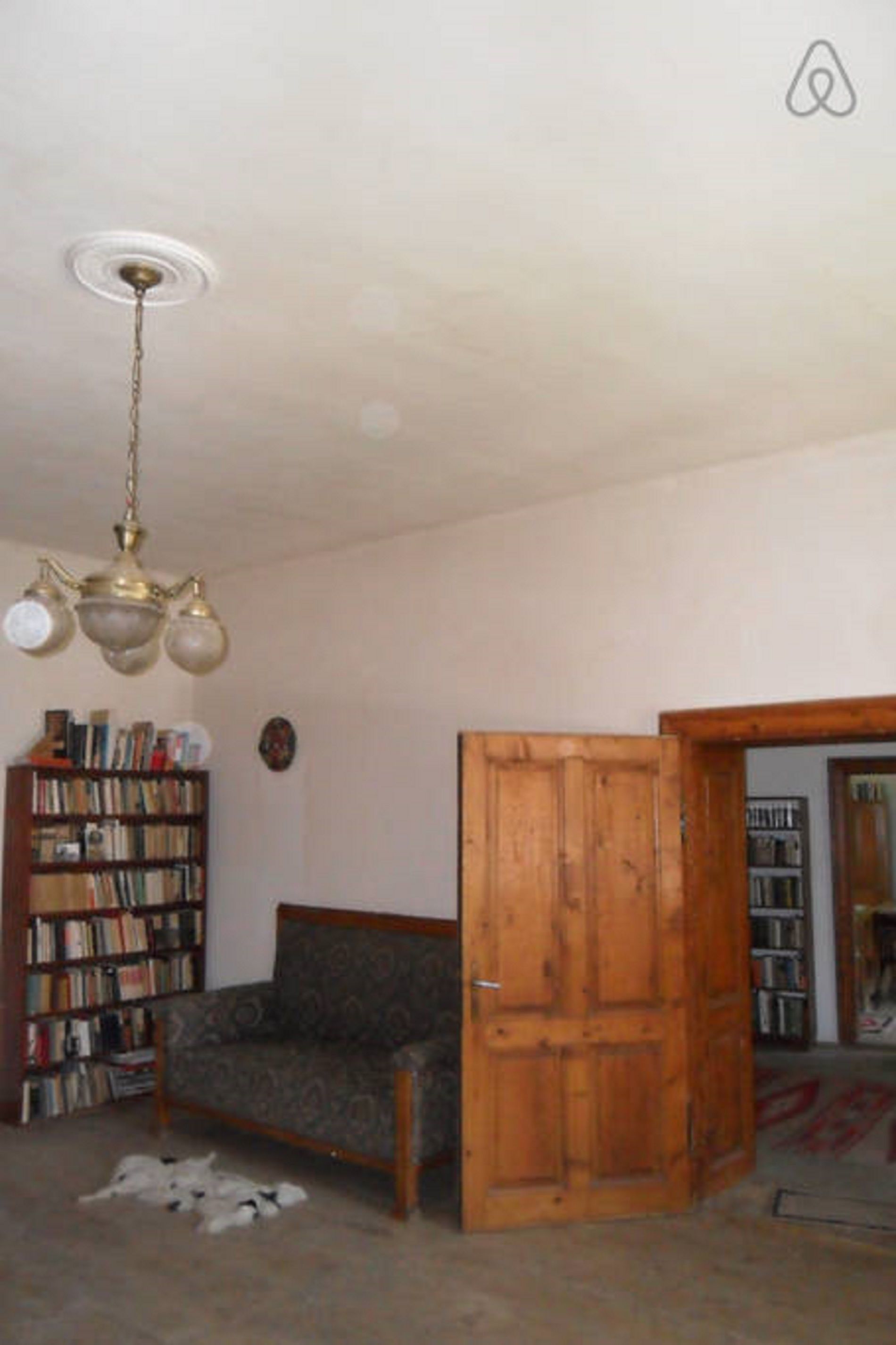 Una habitación con puerta de madera, ventilador de techo, estantería y sofá estampado.