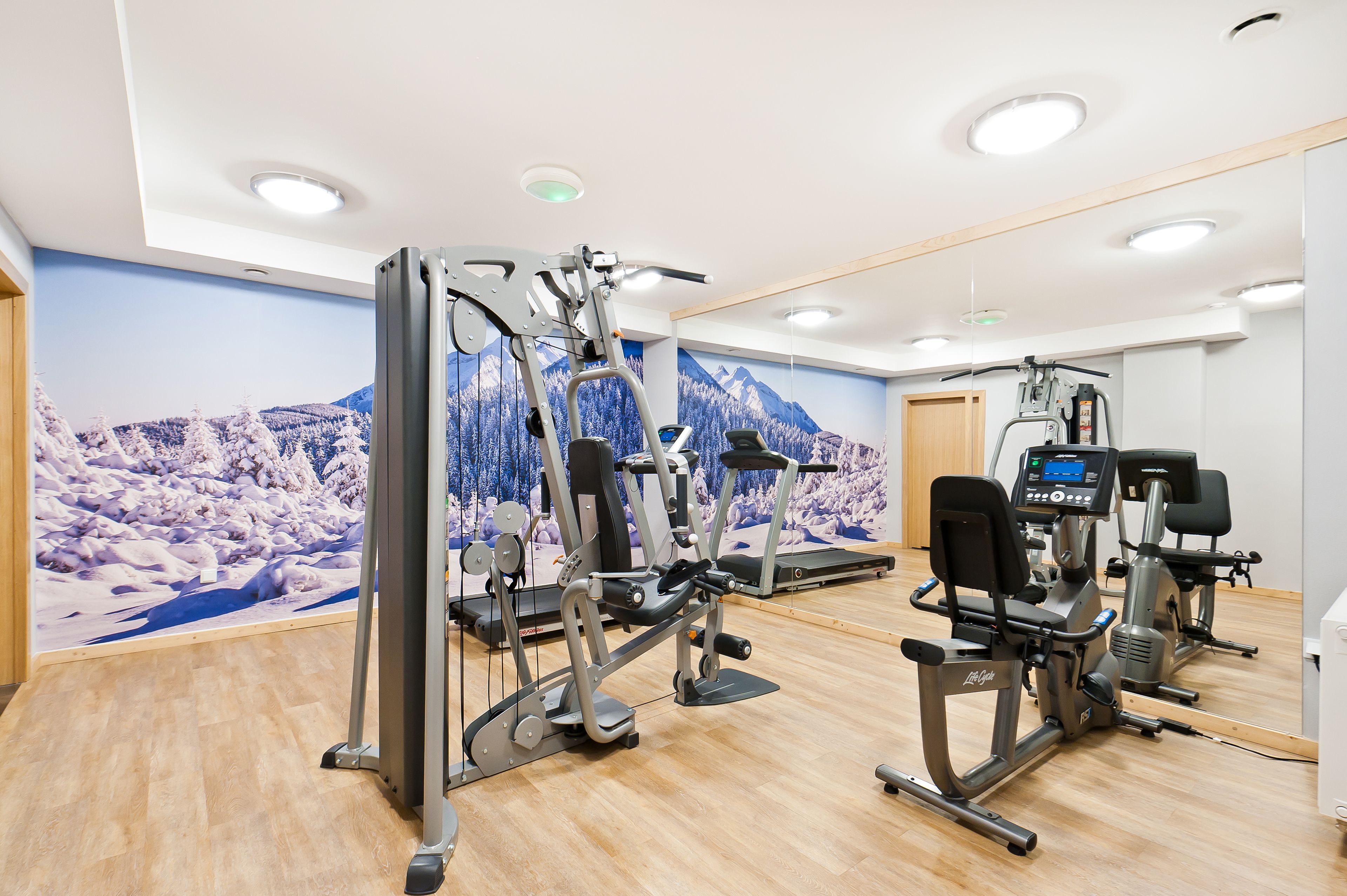 A gym with cardio machines, weight machines, and a mirrored wall.