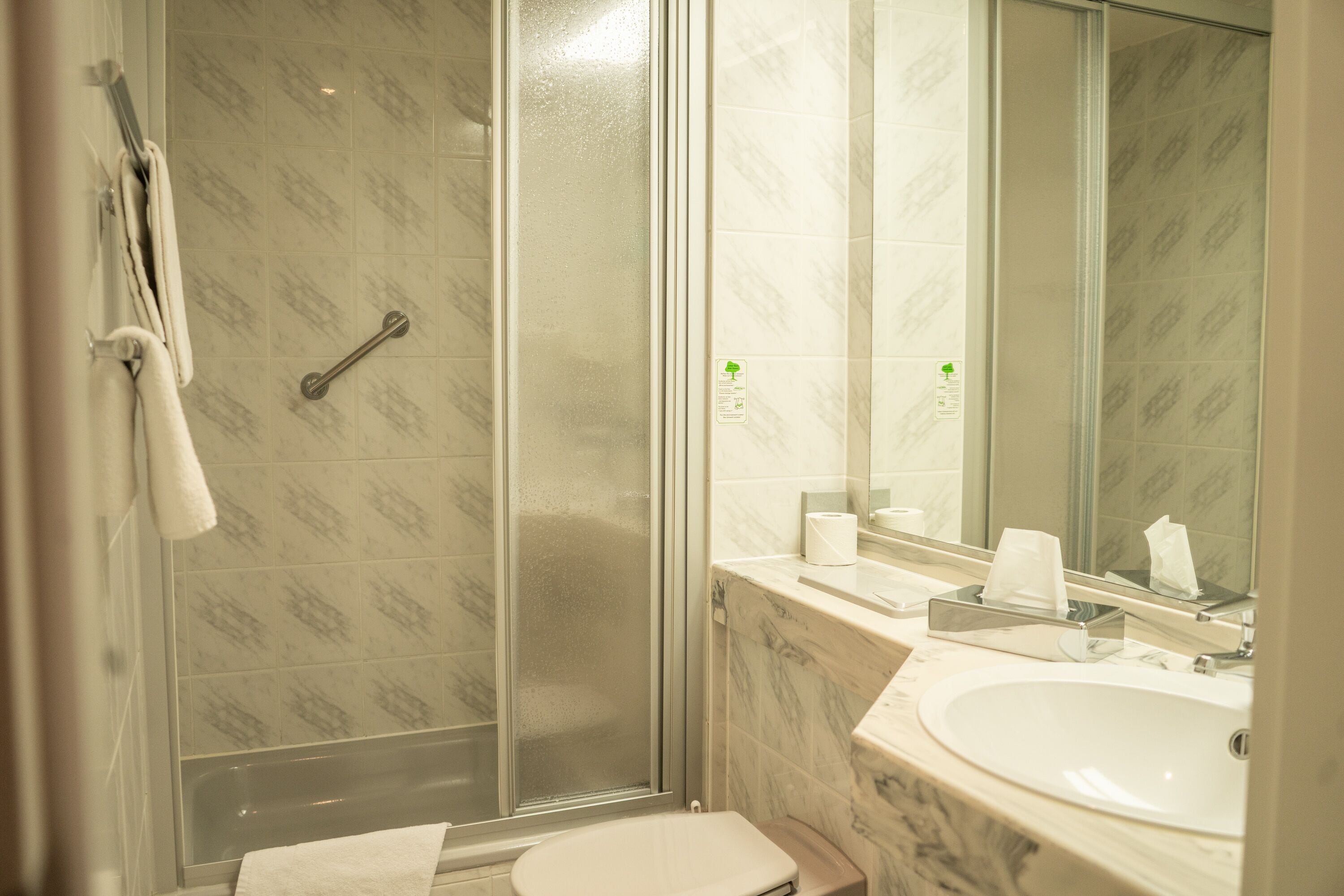 A bathroom with a glass shower enclosure, a white toilet, a sink with a mirror, and a towel rack.