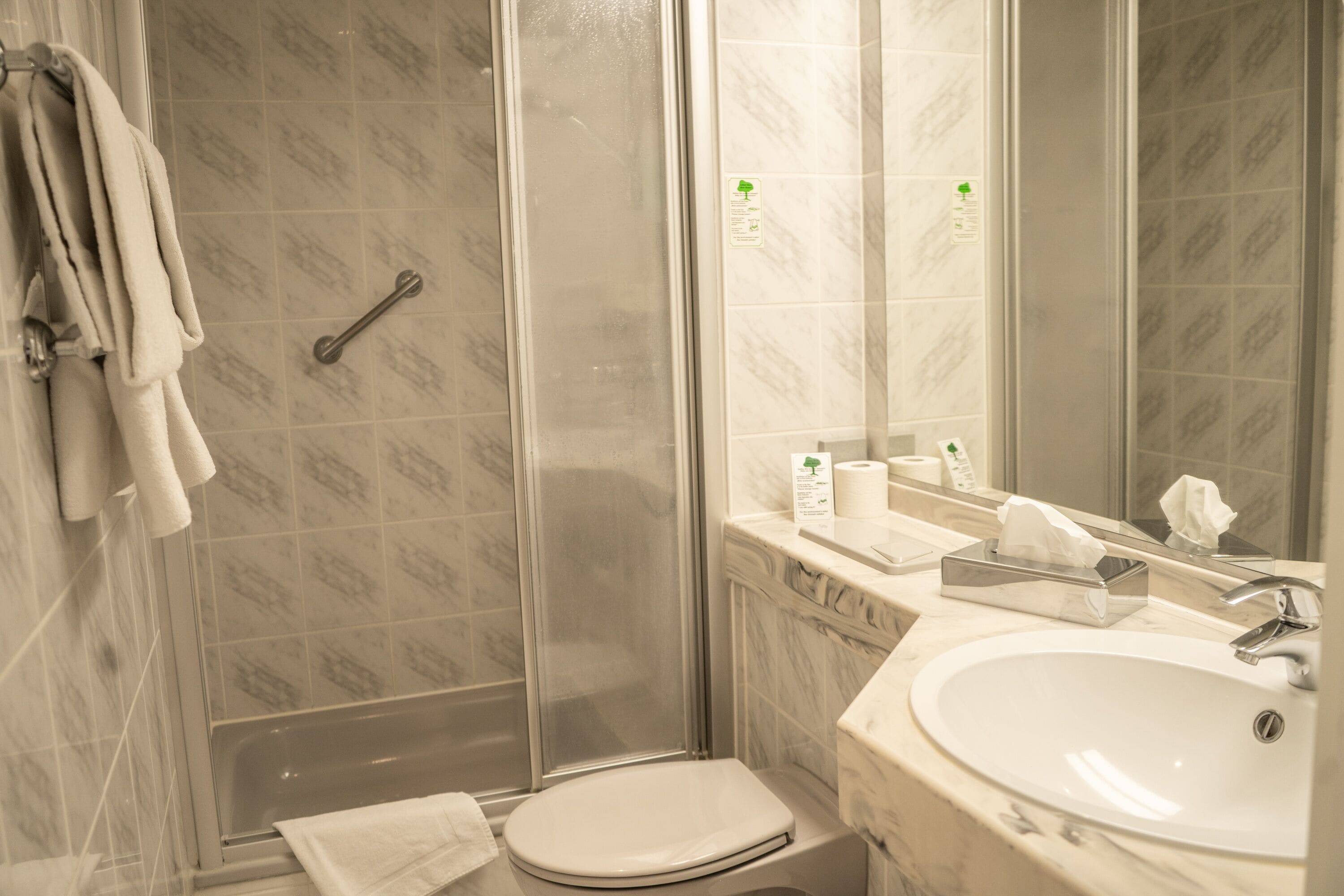 Ein Badezimmer mit Dusche, Toilette, Waschbecken und Handtuchhalter.