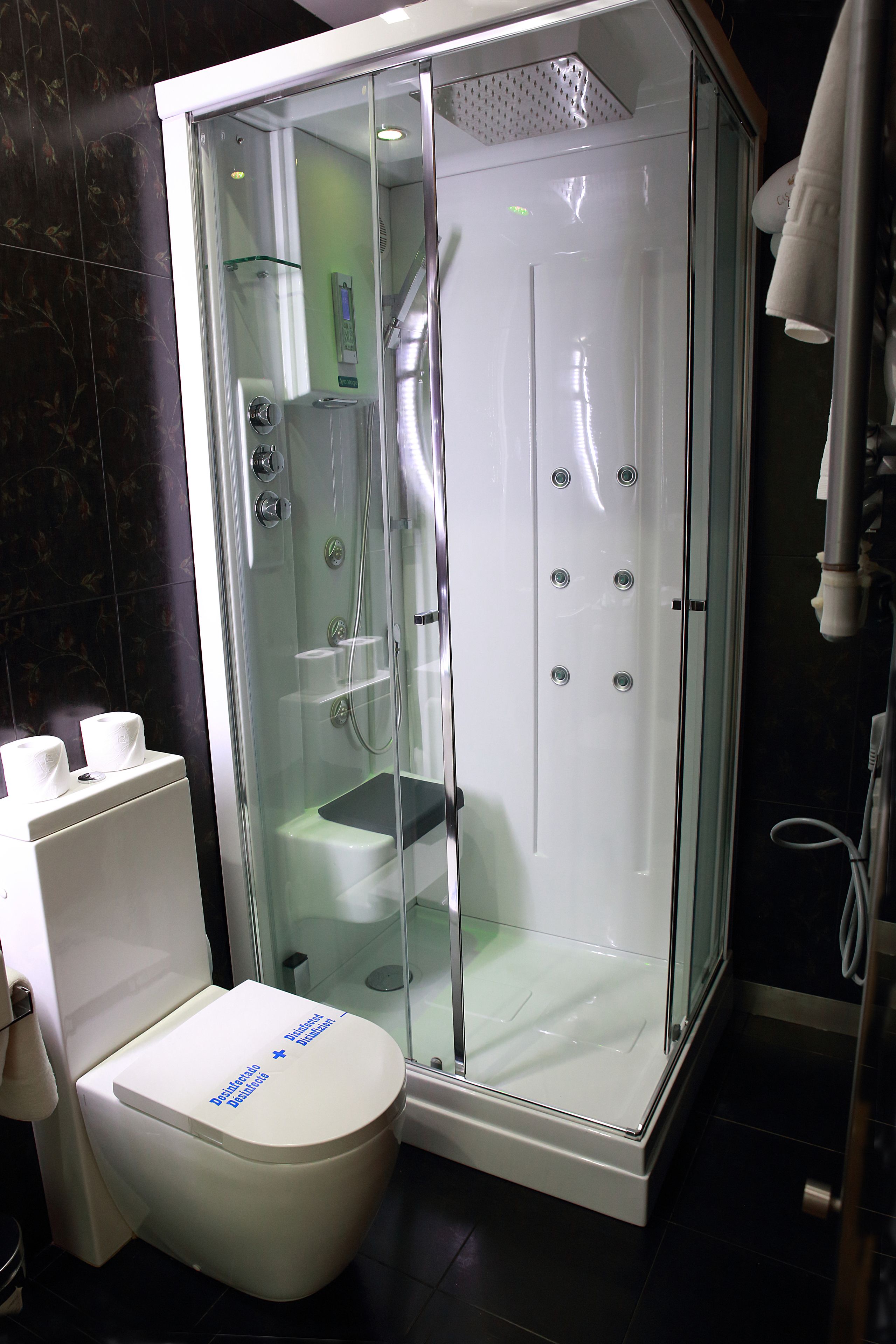 A bathroom with a glass-enclosed shower, a toilet, and a sink.