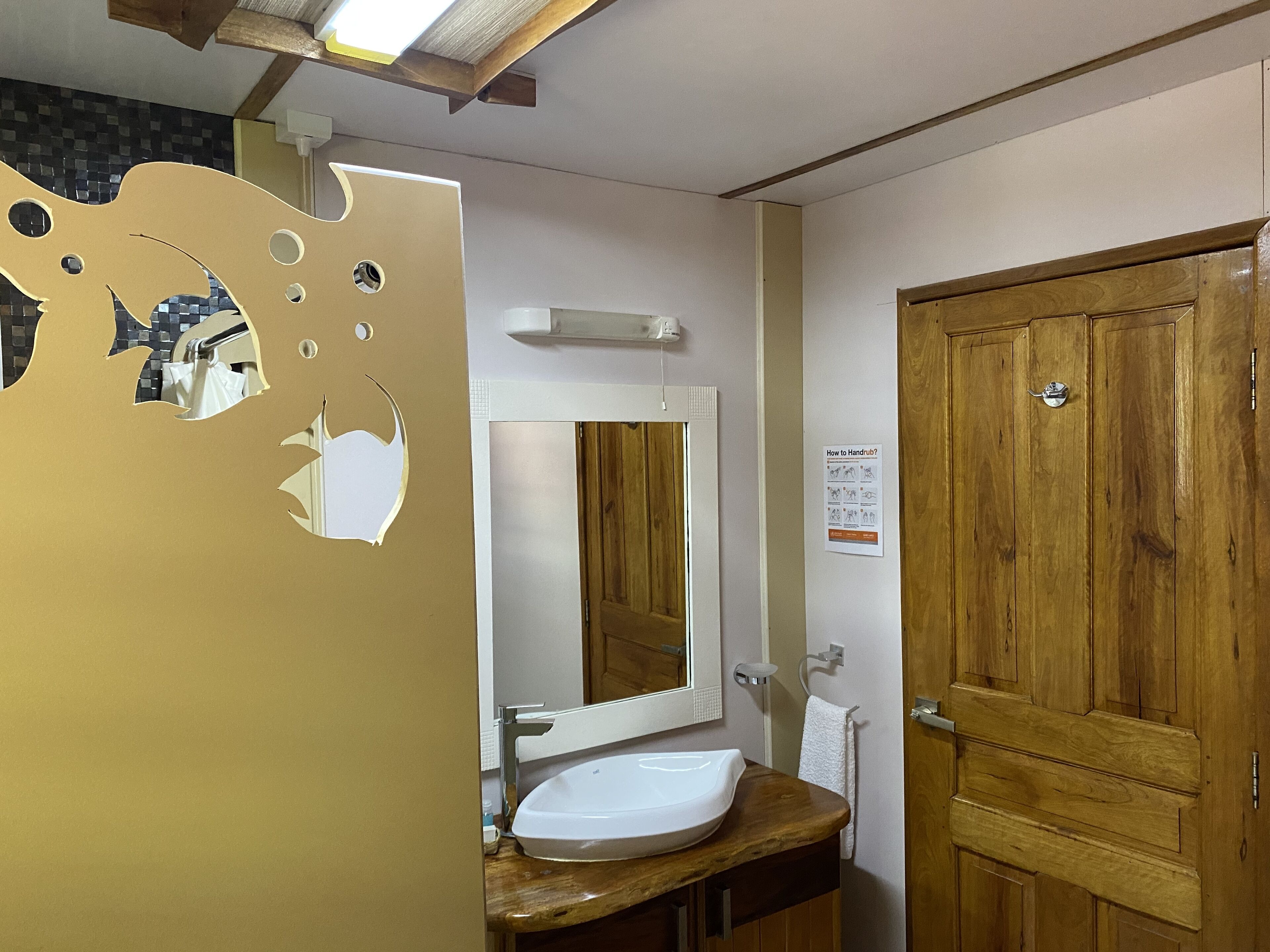 A bathroom with a wooden door, a sink, and a mirror.