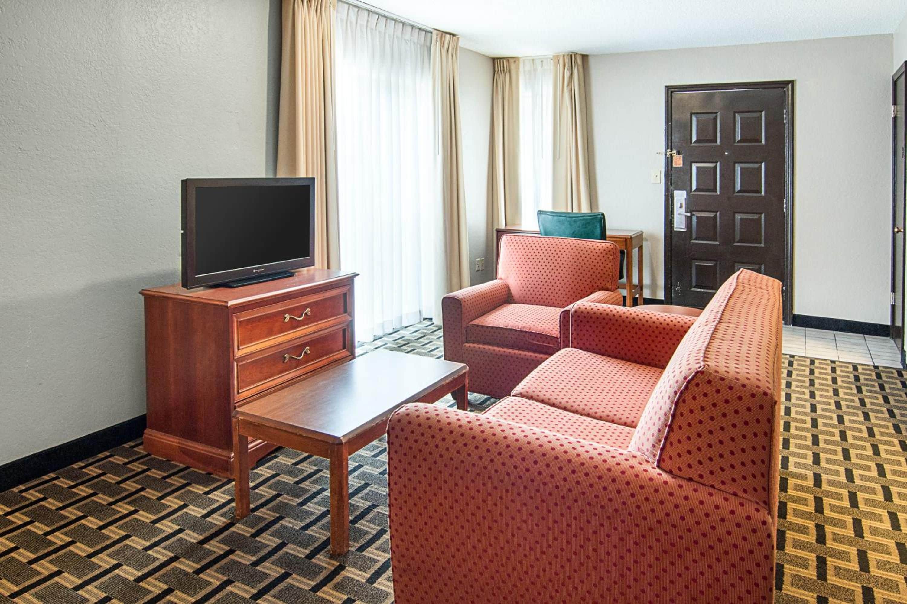 A hotel room with a television on a wooden cabinet, a sofa, a chair, and a patterned carpet.