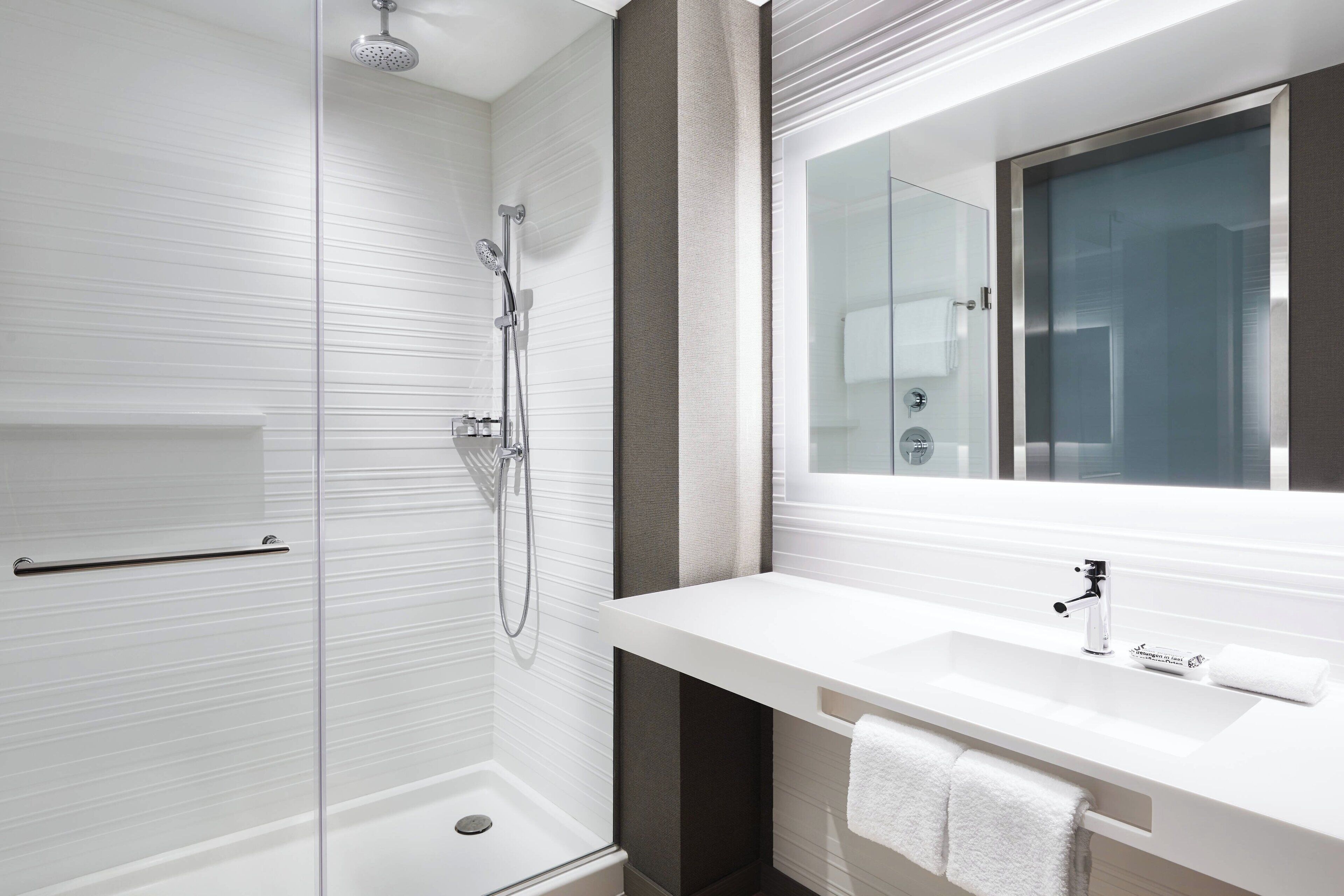 shower, rainfall showerhead, free toiletries, hair dryer