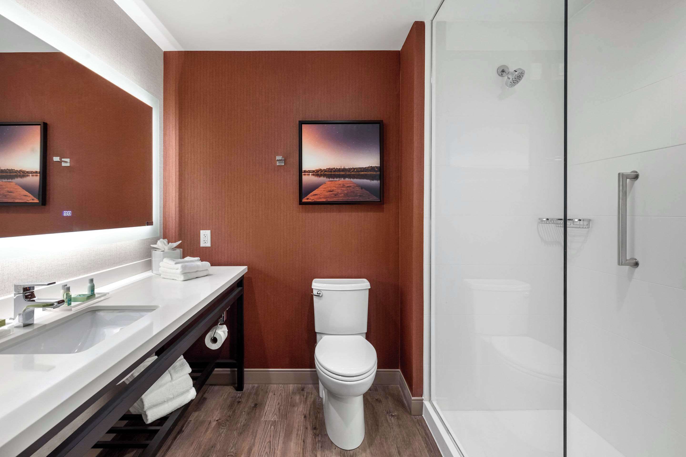 Une salle de bain moderne avec un lavabo, des toilettes et une douche, le tout de couleur blanche. Deux tableaux encadrés ornent le mur.