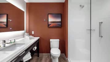 Une salle de bain moderne avec un lavabo, des toilettes et une douche, le tout de couleur blanche. Deux tableaux encadrés ornent le mur.
