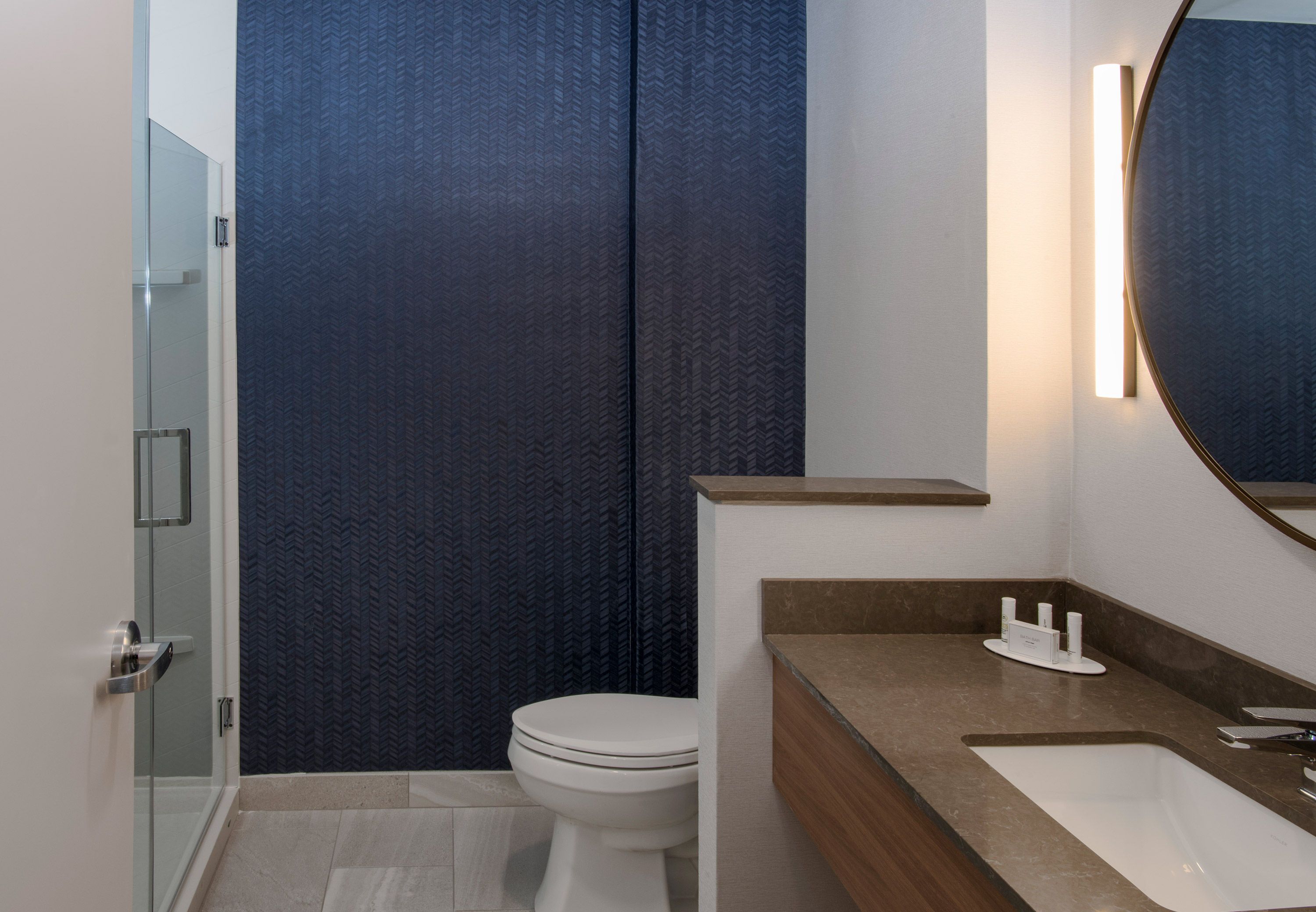 A modern bathroom with a glass shower enclosure, a white toilet, and a vanity with a mirror.