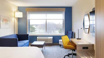 Desk, laptop workspace, blackout curtains, iron/ironing board