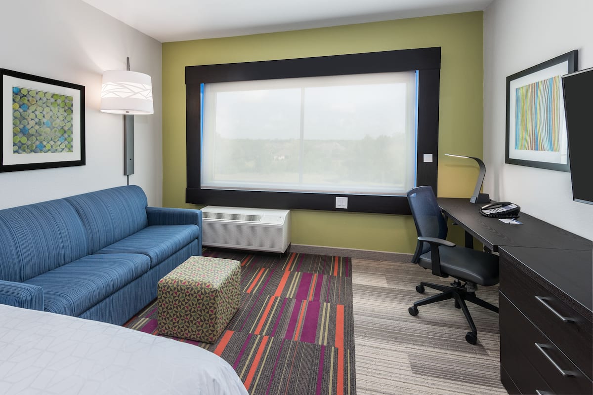 Desk, laptop workspace, blackout curtains, iron/ironing board