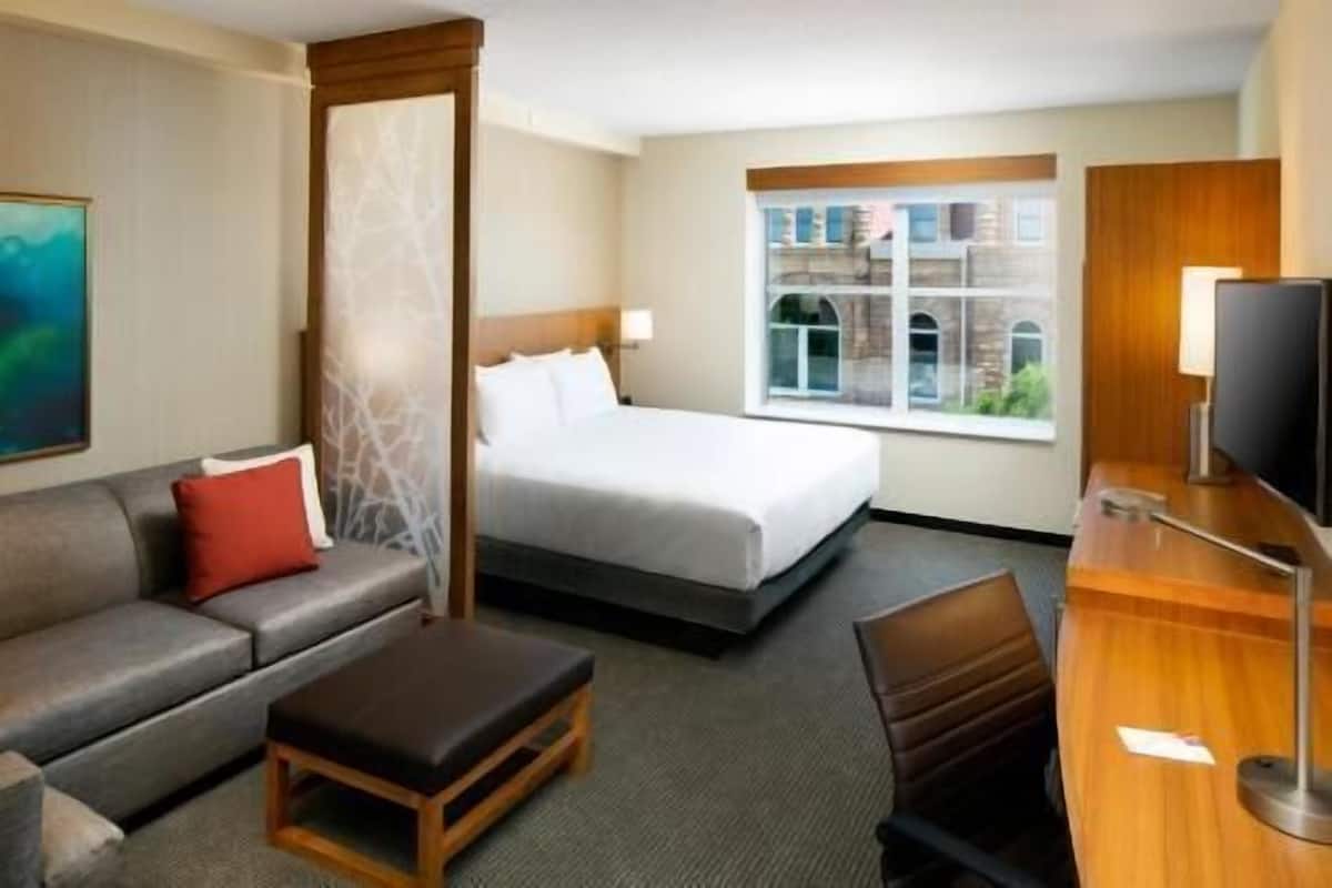 A hotel room with a bed, a sofa, a desk, a television, and a window with a view of buildings.