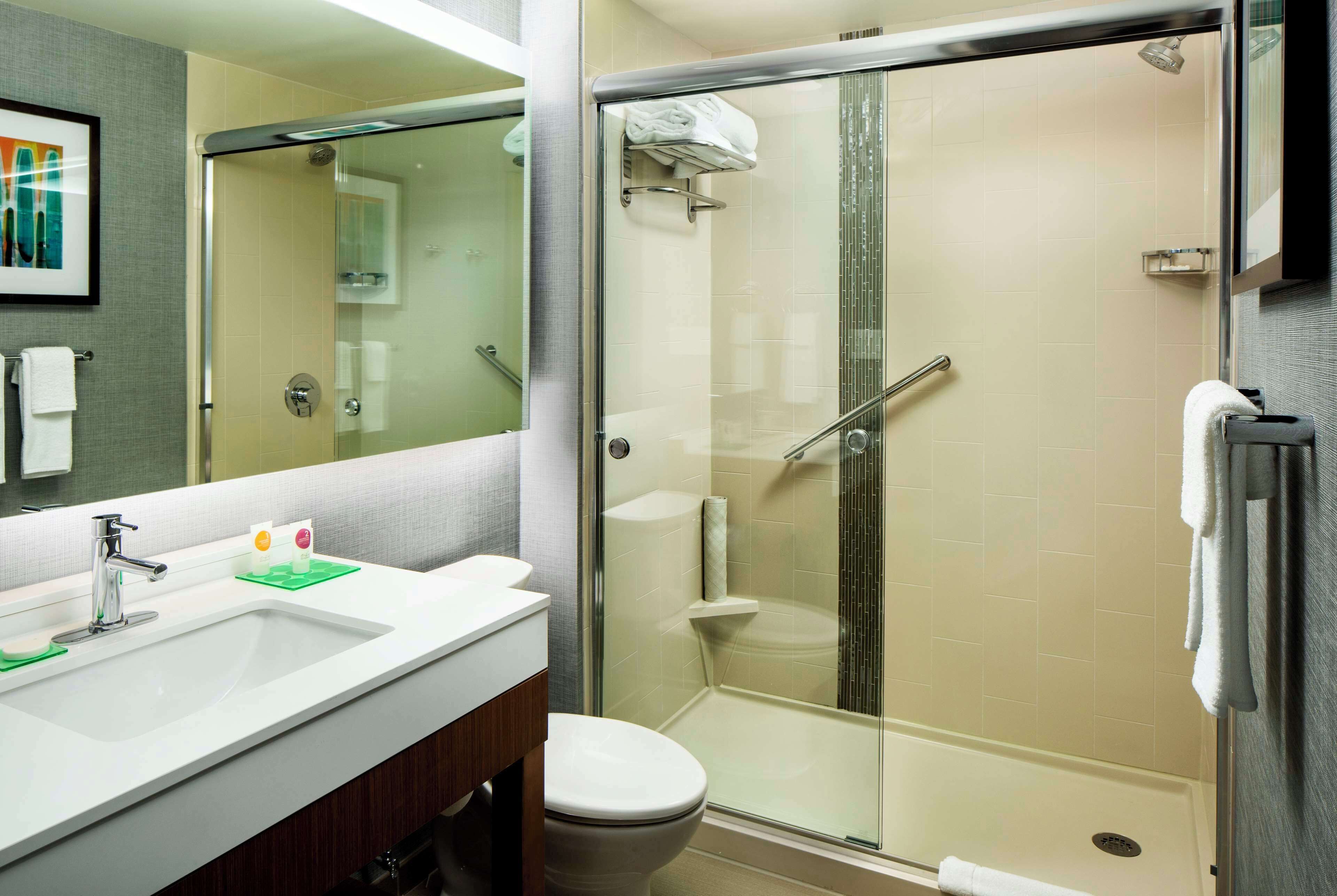 shower, free toiletries, hair dryer, towels